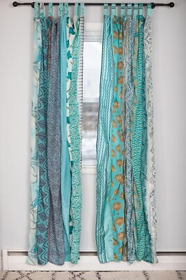 2 Pcs Indian Sari Patchwork Curtain Drape Window Decor Aqua Silk Sari Curtain