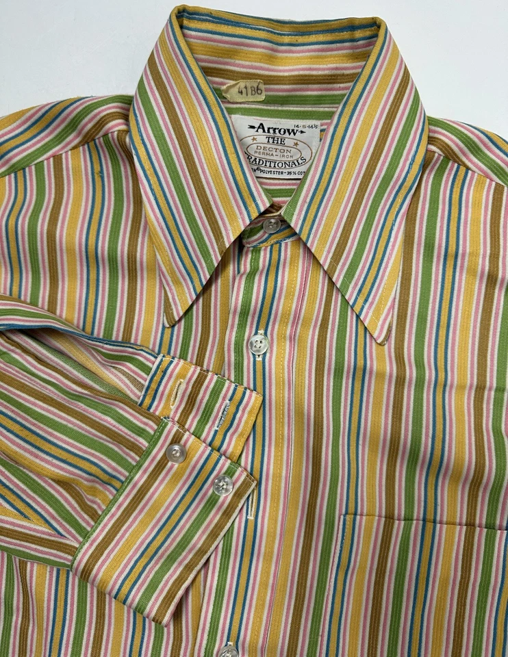 Vintage 60s Arrow Sanforized Shirt Men S Colorful Striped Long Sleeve Perma-Iron - Image 2 of 4