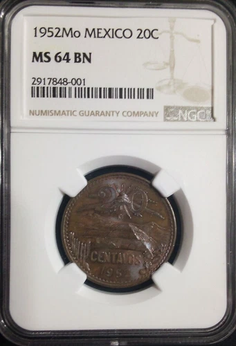 1952 Mo 20 Centavos Mexico NGC MS64BN Key Date Lowest Mintage Toned Low POP