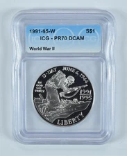 1991-95-W World War II Commemorative Silver Dollar PR70 DCAM ICG