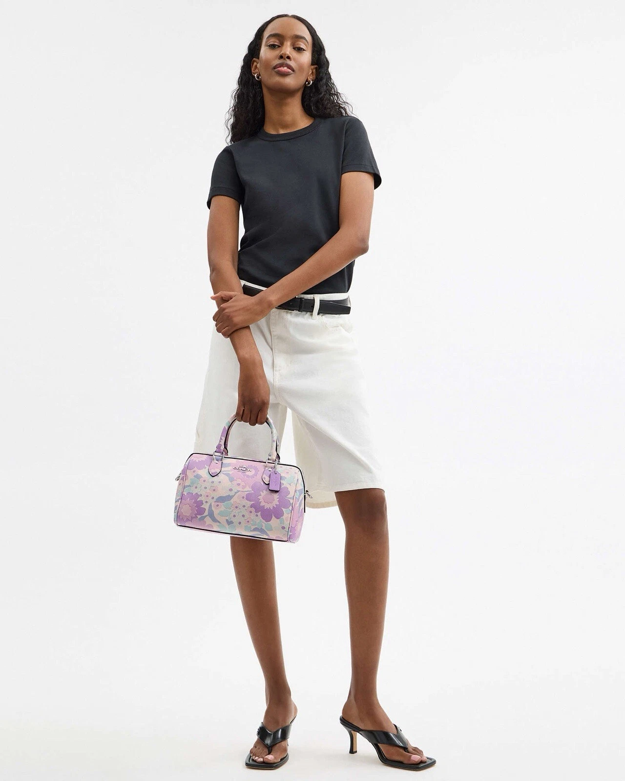 Borsa a tracolla Coach Rowan nuova con etichetta con stampa floreale in argento avorio multi viola