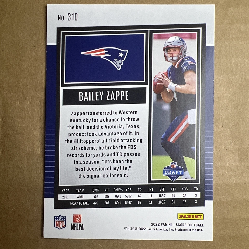 BAILEY ZAPPE 2022 Panini Score #310 Base RC - Image 2 of 2