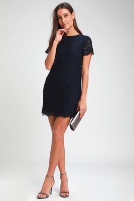 Lulus Size XS Take Me to Brunch Navy Blue Lace Shift Dress Mini Short Sleeve