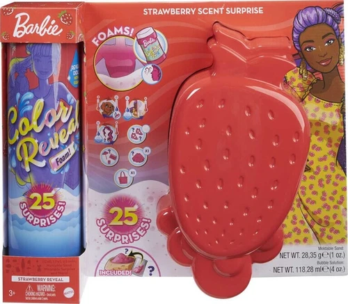 Mattel Barbie Color Reveal Espuma Sorpresa Fragancia Fresa, Muñeca de Moda y Amigo de los Animales
