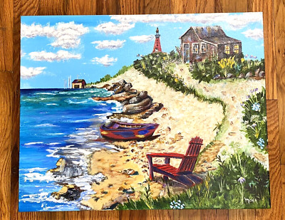 Lighthouse, Marina, Boats, Ocean, Beach, Hand Painted Boxed Acrylic Canvas