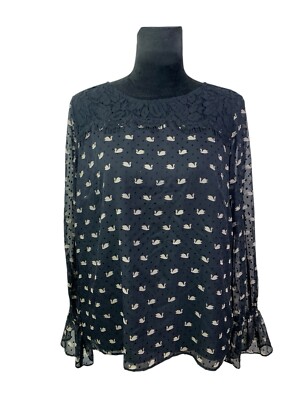 RSVP By Talbots Size M Black Chiffon Bell Sleeve Lace Swan Blouse