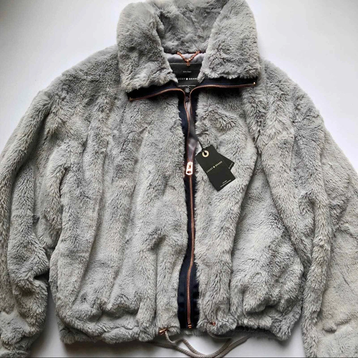 Lucky Brand rose gold faux fur full zip missy coat blue gray size large