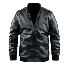 Men's Leather Coat Motor Jacket Casual Slim Fit Warm Stand Collar Oversize