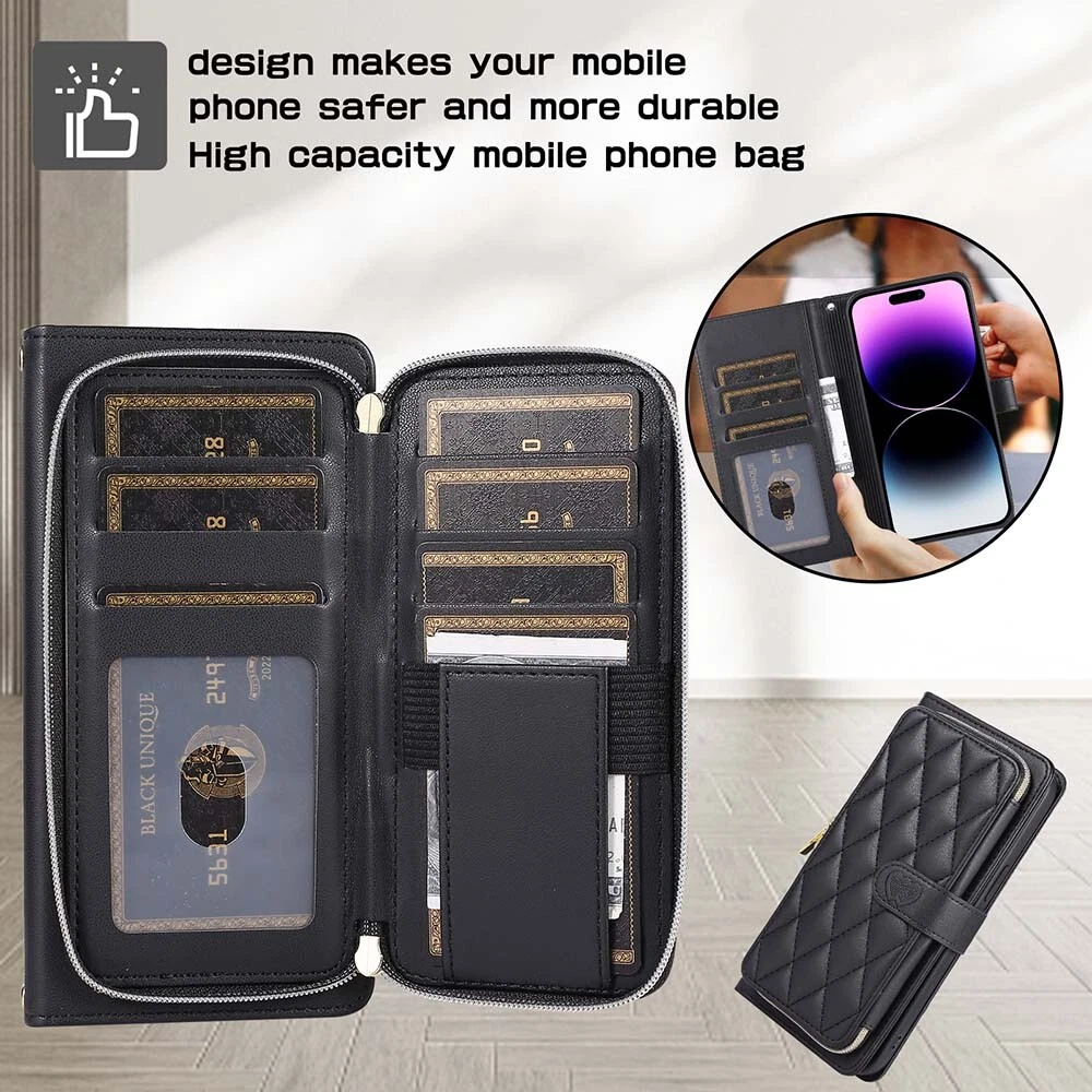 Durable Leather Zipper Flip Wallet Case for iPhone 15 Pro Max 14 13 12 11 XR