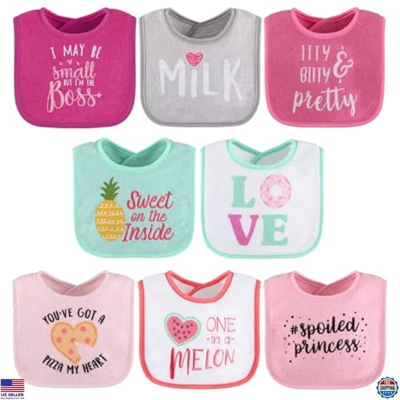 Peanutshell Baby Girl Bib Set - 8 Ultra-Soft 100% Cotton Absorbent Bibs, Pink