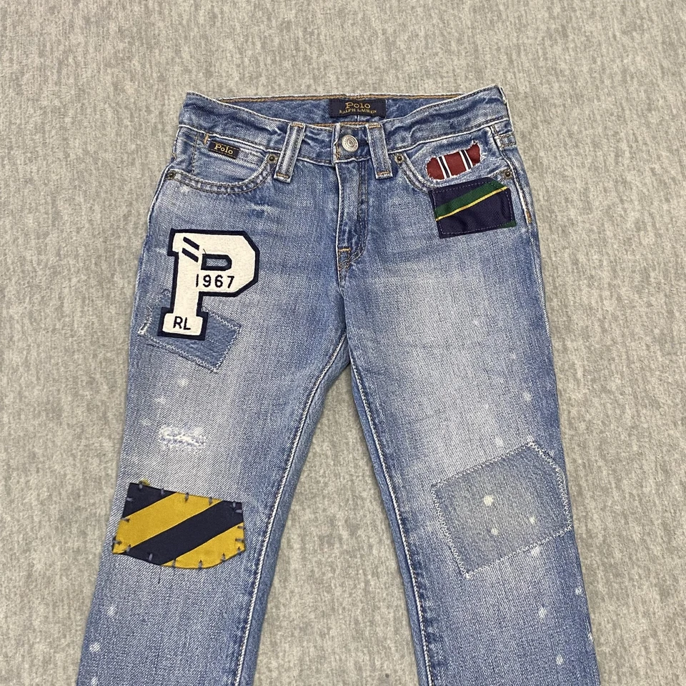 Polo Ralph Lauren Jeans Girls 4T Blue Astor Slim Boyfriend Patchwork Distressed - Image 2 of 4
