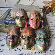 Vintage Mardi Gras Face Masks X 5 Solid Brass Enamelled Wall Hanging Bohemian
