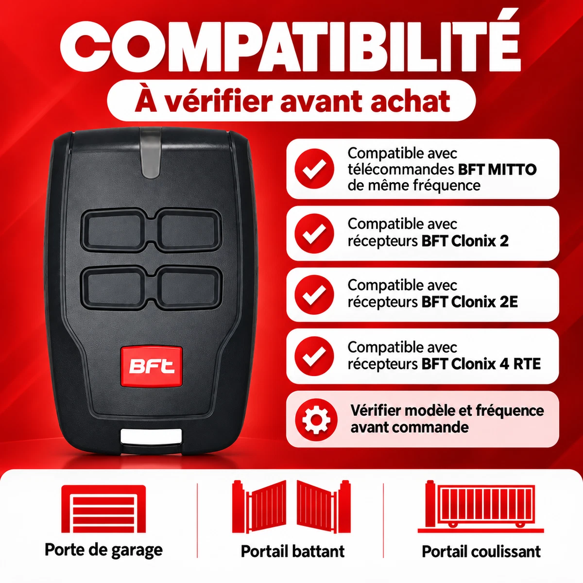 Télécommande BFT MITTO B RCB 04 4 Boutons 433,92 MHz Portail Garage - 1 Pièce
