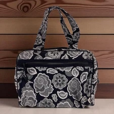Thirty-One Paisley Handbag Bag Black White Floral Pais Canvas Hobo Zipper 11x8”