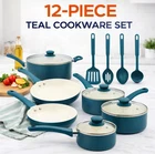 12-Piece Ceramic Nonstick Aluminum Cookware Set, Blue Pots & Pans