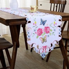 Pink Flower Butterfly Scalloped Edge Embroidered Table Runner for Spring
