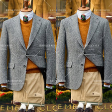 Tweed Men's Suit Grey Warm Tailored Jacket Blazer Regular Fit Herringbone 2Pcs