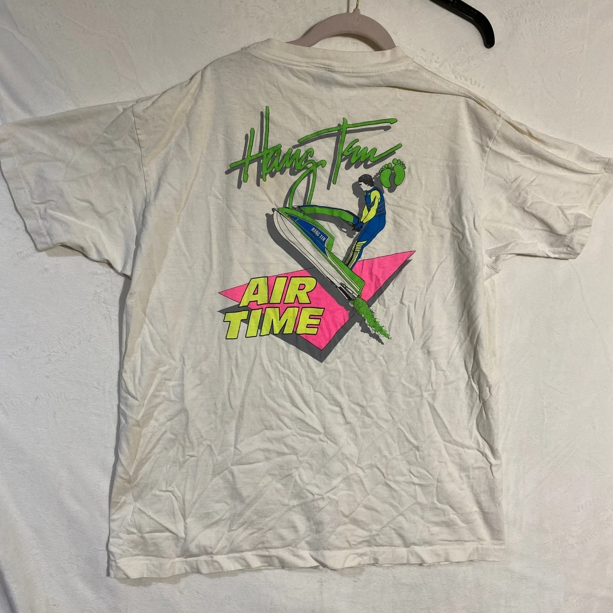 T-shirt Vintage Hang Ten Surf - Graphic Années 90, Blanc, Taille L, Coton, Origine USA