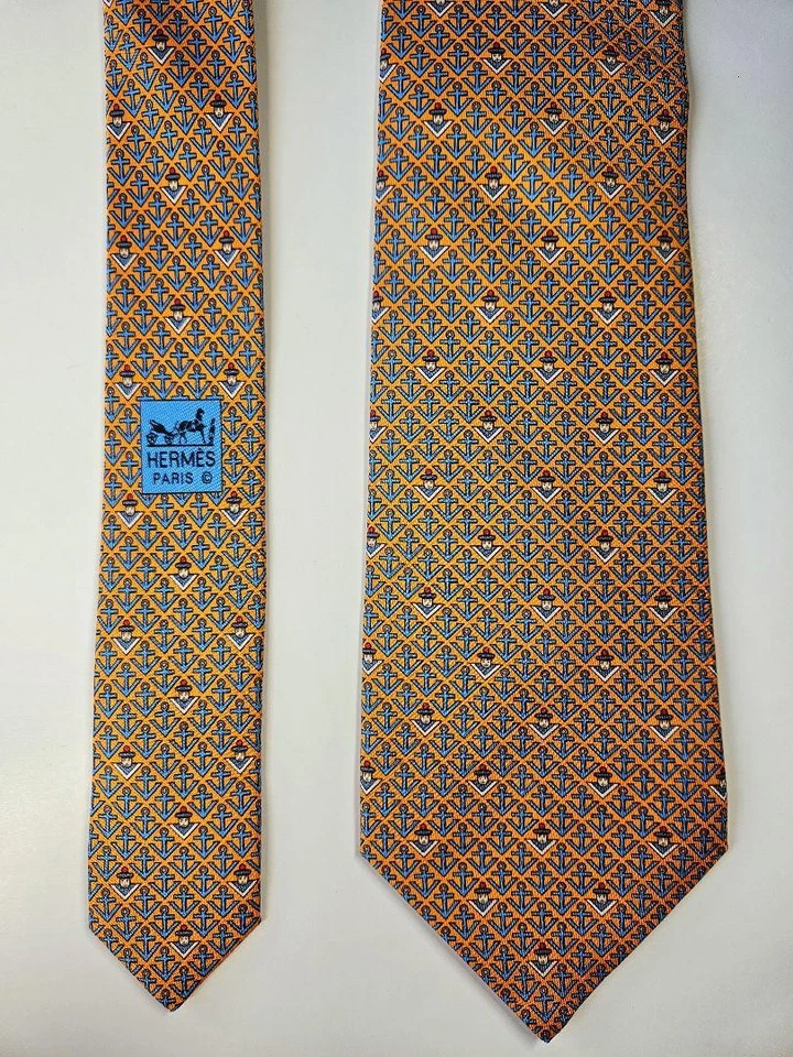 New Unused HERMES Neck Tie Orange Blue Scallion 100%Silk Made in France - Image 2 of 4