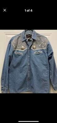 Vtg  Johnny Hallyday Western Passion Shirt Men M Blue Denim Pearl Snap Conchos