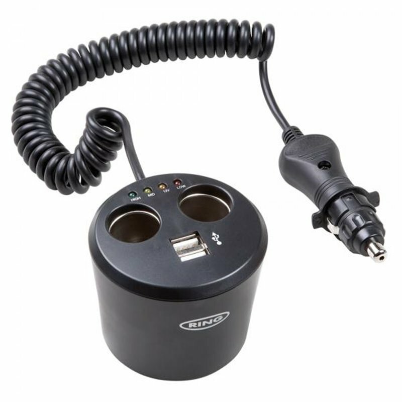 Ring Automotive Doppia Presa Accendisigari Con USB 2A, Micro USB 1A E Tester Batteria, 12V
