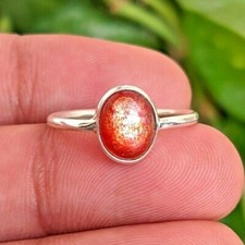 Natural Sunstone Oval Shape Cabochon 925 Sterling Silver Handmade Ring for Her