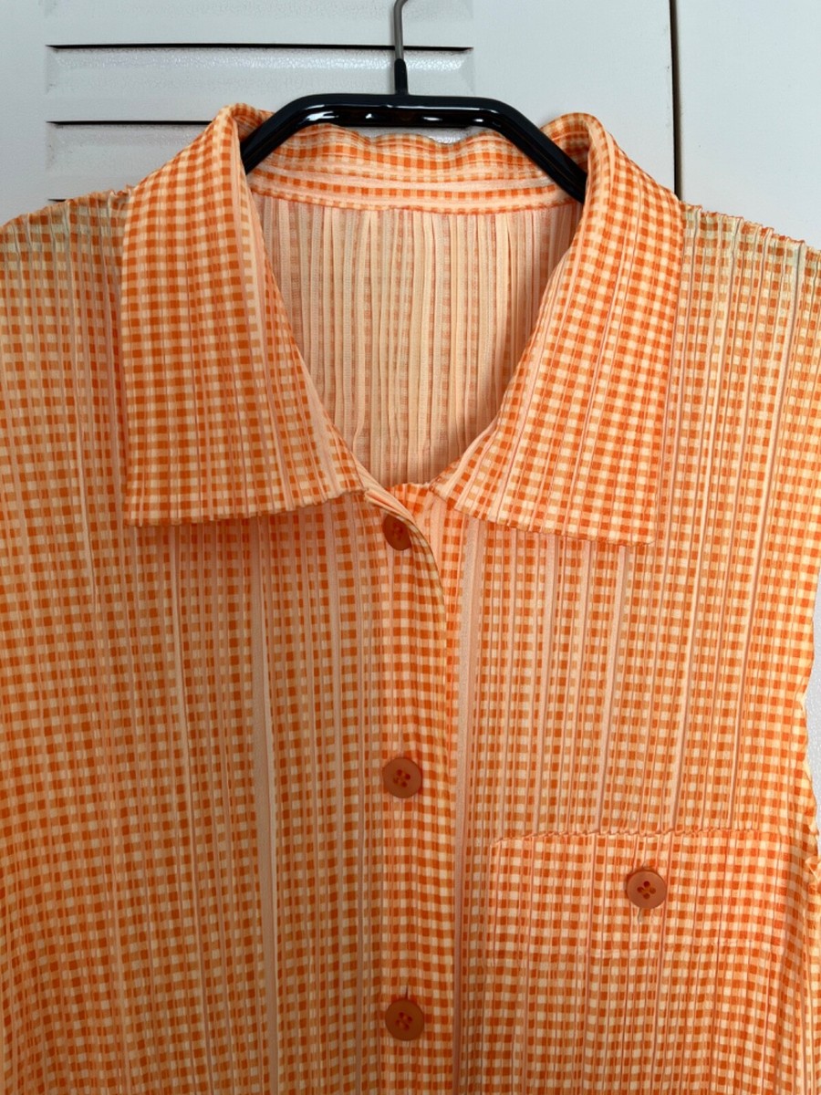 ISSEY MIYAKE Pleats Please Sleeveless Shirt Orange Plaid