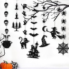 Glitter Black Halloween Hanging Banner Garland Decorations - Ghosts, Witches
