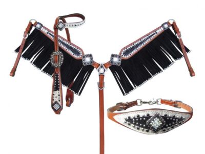 Showman Ear headstall, Breast-collar, wither strap, and 5/8'' x 7' leather Reins