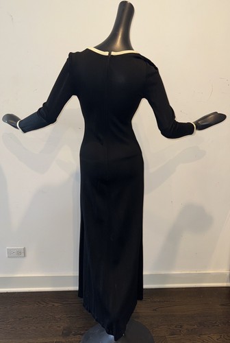 Vtg Sz S XS 60s 70s Maxi Dress Flower Power Appliqué Polyester Jersey Black MOD - Picture 7 of 7