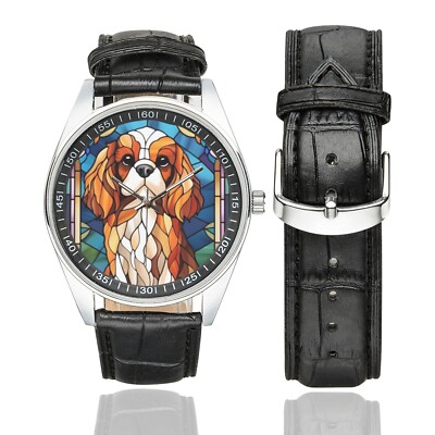 Buntglas Cavalier King Charles Spaniel Uhr mit schwarzem Lederband