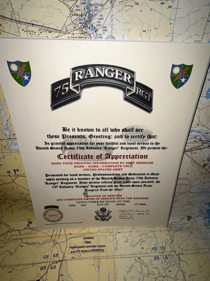 U.S. ARMY 75 RANGERS - 75TH RANGER REGIMENT / CERTIFICATE OF ...