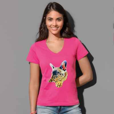 Woman T-Shirt V-Ausschnitt Französische Bulldogge