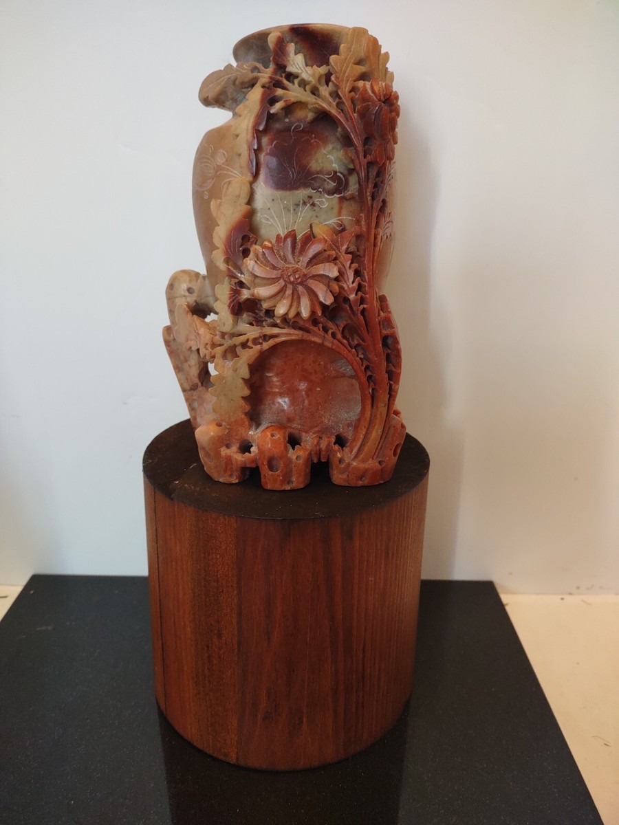 Vintage Chinese Carved Soapstone Vase w/Flowers & Leaves 7