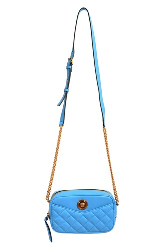 Versace Women's Blue Quilted Leather Small Camera Bag Crossbody Shoulder Bag