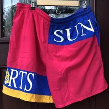 Vtg 80s 90s ColorBlock Sunsports SpellOut Men Swim Trunks Shorts sz L Retro