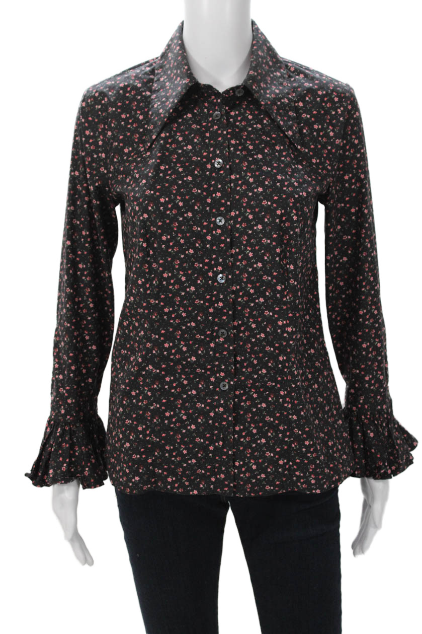 Michael Kors Collection Women Black Floral Cotton Button-Up Blouse Size 4