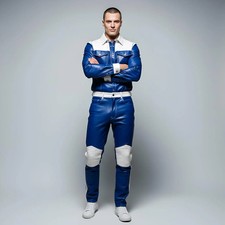 Blue Leather Outfit for Men  White Panel Leather Suit Racing Style Leather Set