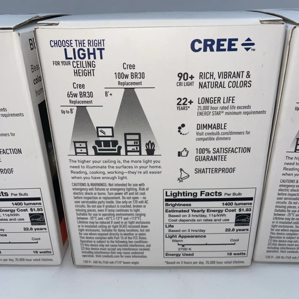 Cree 100W Equivalent Daylight BR30 Dimmable Soft White 2700k LED- 3 Bulbs - Image 4 of 4