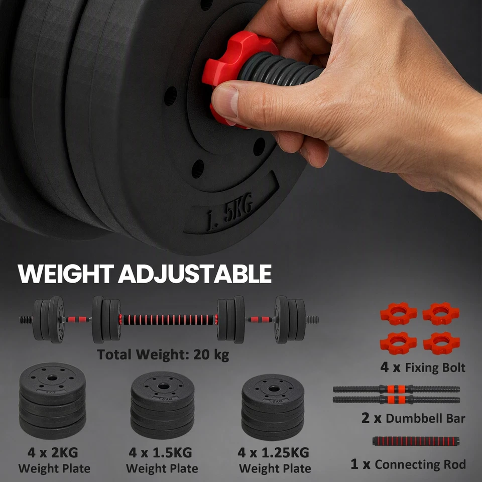 HOMCOM 20kg Adjustable 2 IN 1 Barbell Dumbbells Weight Set for Body Fitness, photo 4 of 5