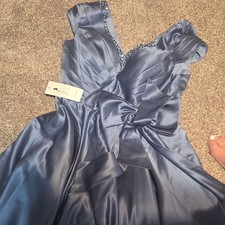 Blue Satin Sleeveless Bridesmaid Dress with Bow Waist and Lace Trim