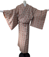 Japanese Kimono Tsumugi M Beige Red Brown Checkered Pattern Black Pre-owned Silk