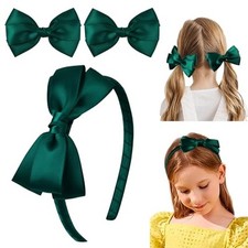 Satin Dark Green Bow Headband  2 Pcs 4 Inch Hair Bows Set Uniform Hair