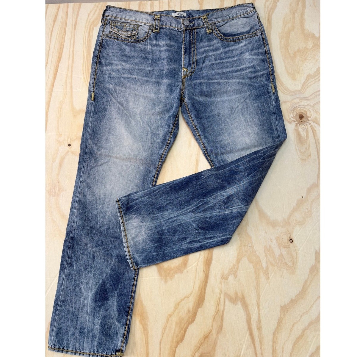 True Religion Ricky Relaxed Straight Blue Big T Stitch Jeans Mens 