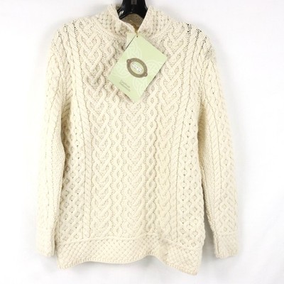 Aran Crafts Cable Knit Merino Wool Funnel Neck Sweater In White - Women's Size M