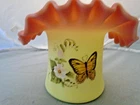 Fenton 1982 FAFGA Burmese Crimped Edge Hat Vase W/ Butterfly