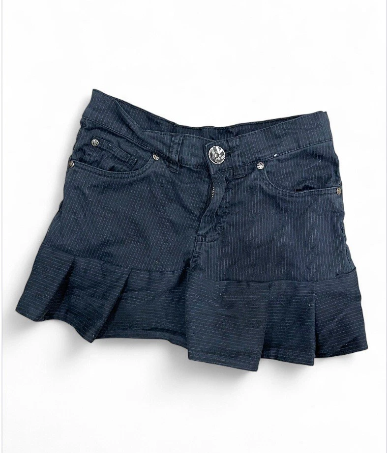 Upcycled Pinstripe Mini Skirt from Jeans – Ruffle Hem, UK 8 - Image 2 of 4