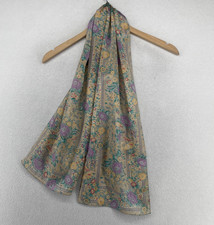 LIZ CLAIBORNE Scarf Floral Shawl Wrap Rectangle Beige Purple 10" x 54" Vintage