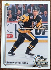 1992-93 UPPER DECK SHAWN MCEACHERN PITTSBURGH PENGUINS ROOKIE REPORT CARD #368. rookie card picture