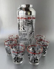 Vintage MCM Glass Aluminum Cocktail Shaker Barware with 6 Glasses Drink Recipes